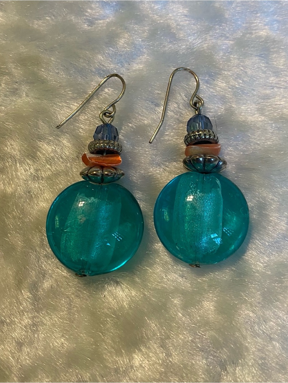 🍀Teal Glass Disc Drop Earrings with Accent Beads